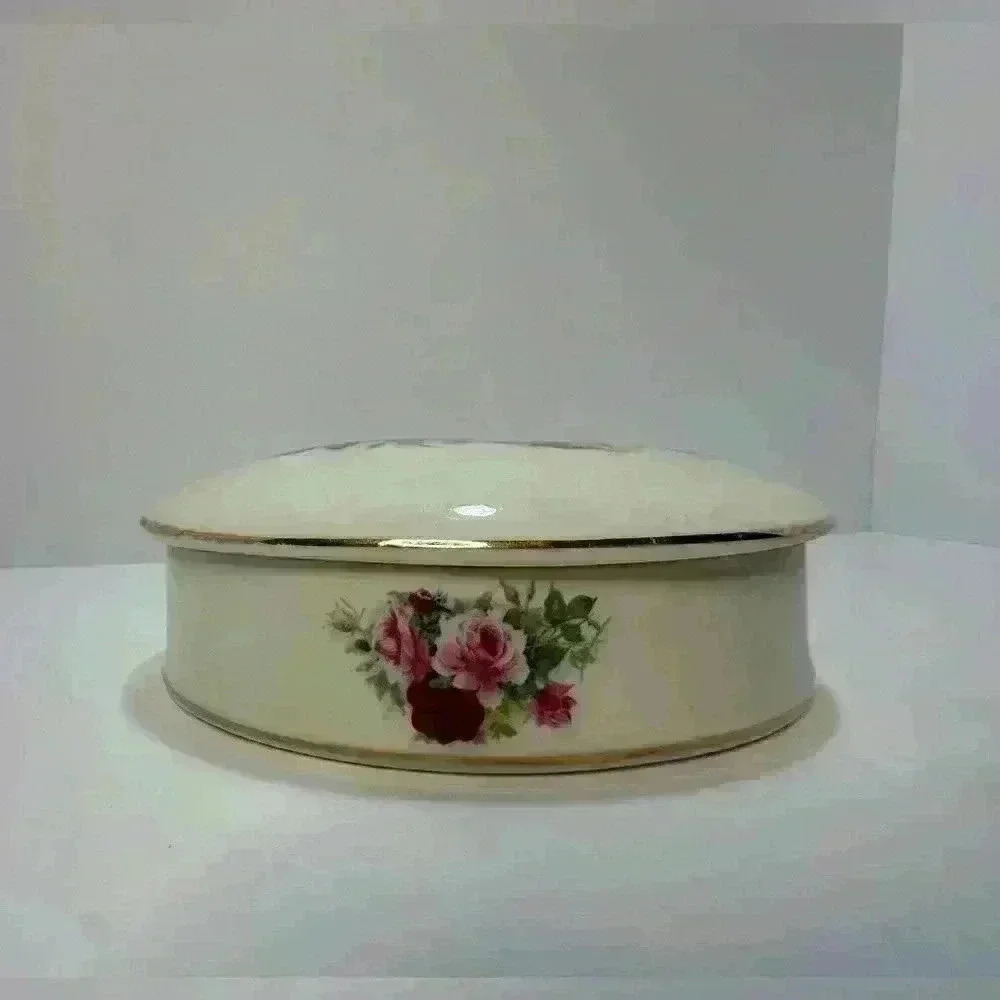Vintage Formalities Trinket Box By Baun Brothers Jewelry Roses & GOLD Trimmed